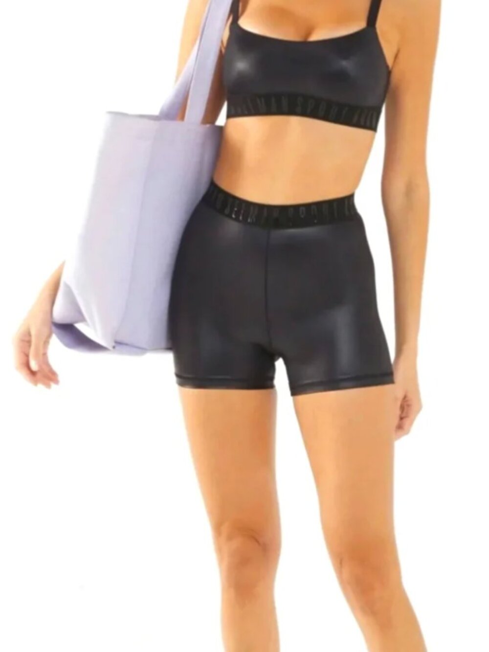 NWT Adam Selman Sport Black Liquid Spandex Branded Band Bra And Bike Shorts Set